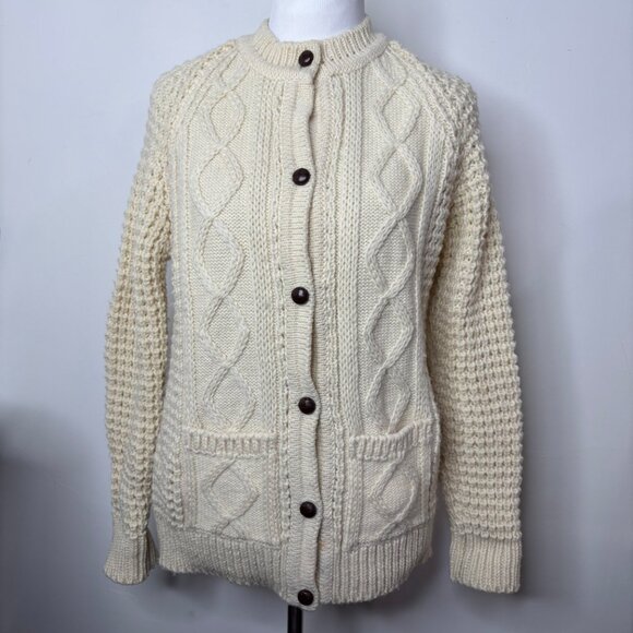 Falcarragh Ireland Cream All Wool Womens Cable Knit Cardigan Sweater Size Large - Picture 1 of 12